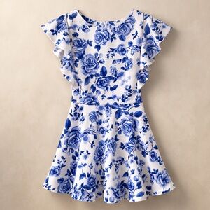 Blue Floral Fit & Flare Skater Dress Ruffle Sleeve Cottagecore Small
